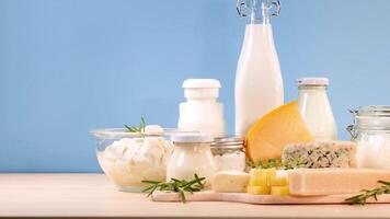 Dairy items displayed on wooden surface video