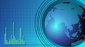 Animation of a rotating globe with dynamic bar graphs, highlighting global economic data in a blue-themed digital style video