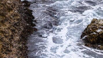 Dynamic ocean waves crash against rugged cliffs, captured with natural lighting and steady camera work, showcasing coastal power video