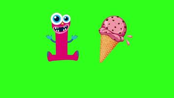 Bright, playful animation with a monster-themed letter 'I' and ice cream cone on a green background video