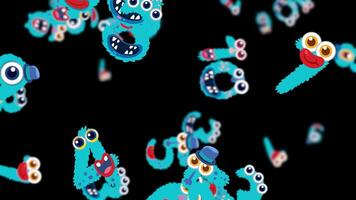 Colorful blue monsters with big eyes move energetically against a black background, creating a whimsical and lively atmosphere video