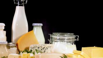 Assorted dairy items arranged on a table video