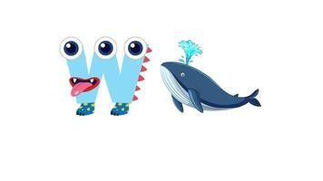 Playful animation of letter W transforming into a whale with vibrant colors and cheerful expressions video