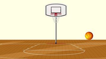 A basketball bounces across a court towards a hoop, showcasing dynamic movement and realistic physics in a 12-second animation video