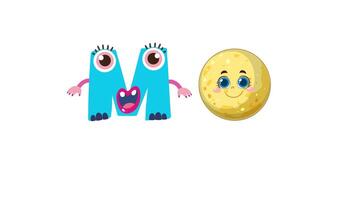 Playful animation of the letter M transforming into a character alongside a smiling moon on a white background video