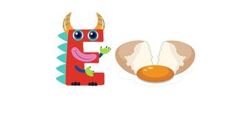 Colorful animation with playful character illustrating the letter E and an egg on a white background video