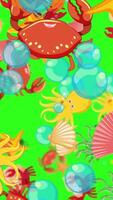Colorful sea animals float and swirl in a lively, animated underwater scene with bright green background video