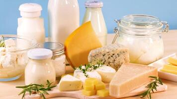 Assorted dairy items arranged on a wooden table video
