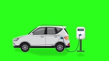 Animation of an electric car charging, showing battery progress from empty to full on a green background video