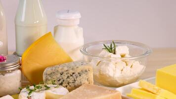 Various dairy items arranged on a white background video