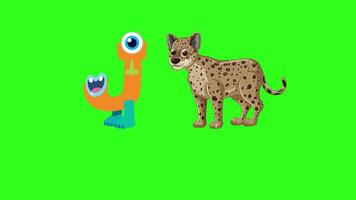 Bright animation introducing the letter J with a jaguar on a vivid green background, featuring playful characters and text video