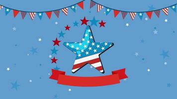 Animated star with American flag colors and festive bunting celebrates Independence Day on a blue background video