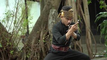 A martial artist in traditional attire poses dramatically with a weapon, showcasing a focused expression. The background features lush greenery and trees, enhancing the action scene. video