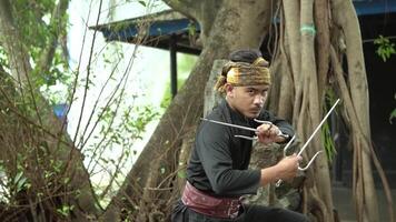 A martial artist in traditional attire poses with a weapon in a natural setting. The background features trees and greenery, enhancing the action-oriented scene. video