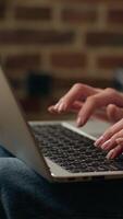 Unrecognizable Caucasian business woman typing laptop online work freelance lady female unknown businesswoman chatting computer app mail fingers touching keyboard browsing internet shopping at home video