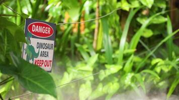 A warning sign in dense greenery cautions about a dinosaur area. Bright lighting enhances the vivid foliage video