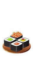 A playful animation of a child joyfully interacting with sushi on a wooden platter, set against a white background video