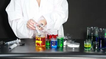 Scientist conducting experiment with colorful liquids video