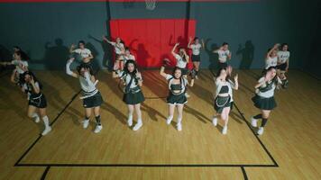 A group of dancers performing a choreographed routine in a gymnasium. They wear matching outfits with skirts and sneakers, showcasing dynamic poses and synchronized movements video