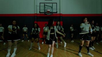 A group of young women performing a dance routine in a gymnasium. They are dressed in stylish dance outfits, showcasing synchronized movements. The basketball hoop in the background adds to the sporty video