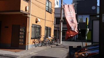 Flag waving in the wind against building backdrop video