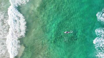 Surfer paddles and rides waves in ocean video