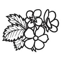 Flowers with leaves of stawberry hand drawn isolated illustration for food product desings. Fresh garden berries plant black and white, spring blooming. Summer floral sketch in line art style. vector