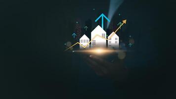 the Real Estate Investment Trust Concept and Market Growth for Future Profits, Graphs Showing Rising House Prices, Interest Rates, Mortgages, Consumer Loans, and Investment Opportunities photo