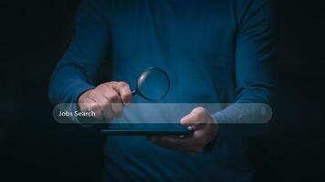 the Information data search technology, search optimization, male hand using jobs search, using the search bar function on your website, big data, automatic operation photo