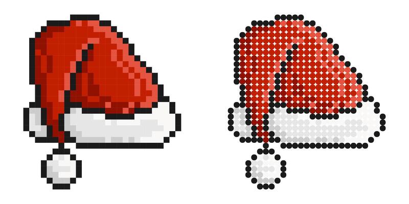Pixel icon. Christmas cap, santa claus red hat. Clothes for New Year carnivals. Festive fancy dress. Simple retro game isolated on white background