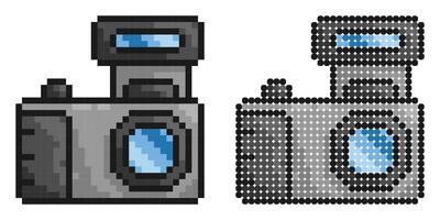 Pixel icon. Camera, equipment for photography and selfie. World Photography Day August 19th. Simple retro game isolated on white background vector