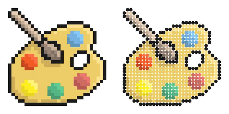 Pixel icon. Palette with multicolored watercolors and brush. Stationery for school. Simple