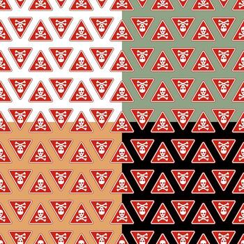 Set of seamless patterns with red sign plate with skull and crossbones. Ornament for decoration vector