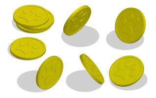 Isometric gold coin with paw print for participation in animal competitions. Prize for winner vector