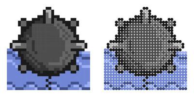 Pixel icon. Combat naval anti submarine mine. Fight against enemy ships. Simple retro game vector
