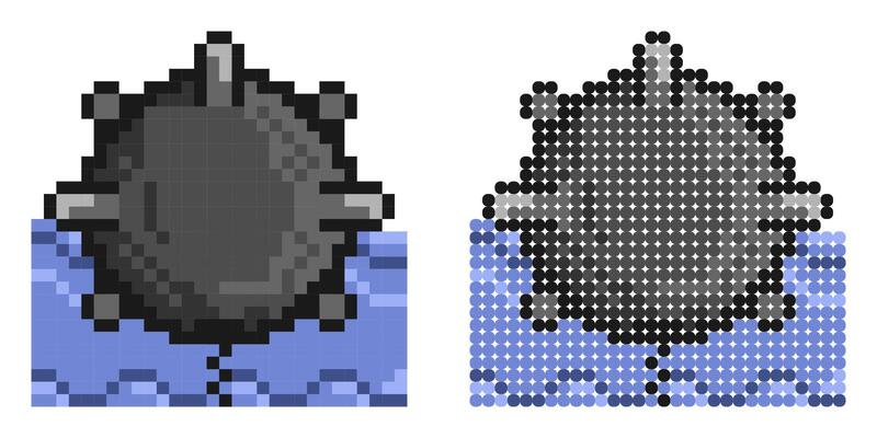 Pixel icon. Combat naval anti submarine mine. Fight against enemy ships. Simple retro game