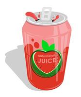Open aluminum can with carbonated watermelon juice. Refreshing cold drink for bright summer. vector