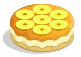 Fragrant biscuit cake, pie with pineapple rings and fruit jelly. Exotic dessert with tea party. Isometric cartoon isolated on white background vector