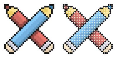 Pixel icon. Crossed school pencils. School stationery. Simple retro game image isolated on vector