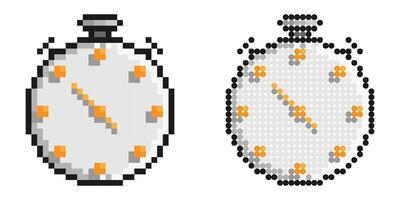 Pixel icon. Mechanical stopwatch dial with hands. Countdown, speed measurement. Simple retro game isolated on white background vector