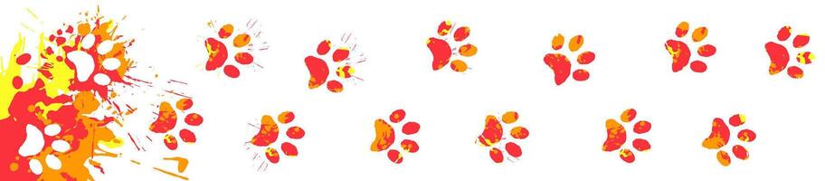 Track of cat footprints smeared in bright paint. Animal paw prints on splashes of watercolor vector