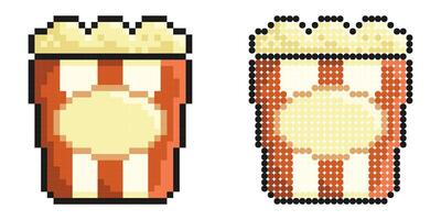 Pixel icon. Packet of popcorn, bucket of airy dessert. Leisure at cinema. Simple retro game isolated on white background vector