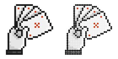 Pixel icon. Hand holds playing cards. Professional gambling poker in casino. Simple retro game vector