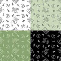 set of seamless patterns with soldier helmet, bulletproof vest and radio station. Ornament for decoration and printing on fabric. Design element vector