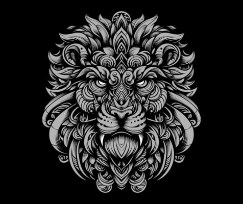 Psychedelic lion head design in black and white with intricate patterns, perfect for tattoos, posters, and bold graphic art.
