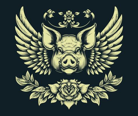 Winged pig head artwork with floral frame, combining fantasy and nature elements, ideal for tattoos, posters, and decorative design.