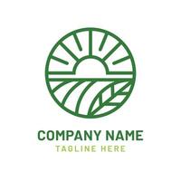 A serene farm landscape logo with a rising sun and green fields vector
