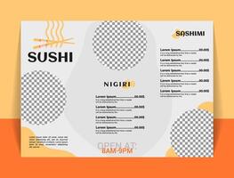 Modern Sushi Restaurant Menu Template, Placeholders for Images and Prices, Orange and Gray Color Scheme. vector