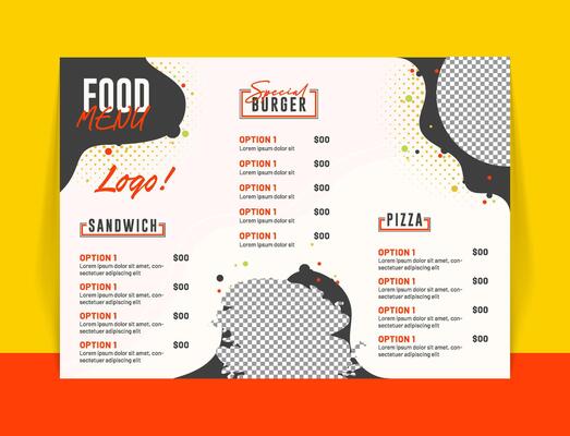 Modern Restaurant Menu Template, Bold Graphics, Vibrant Colors, Clean Layout, Food Menu Design.
