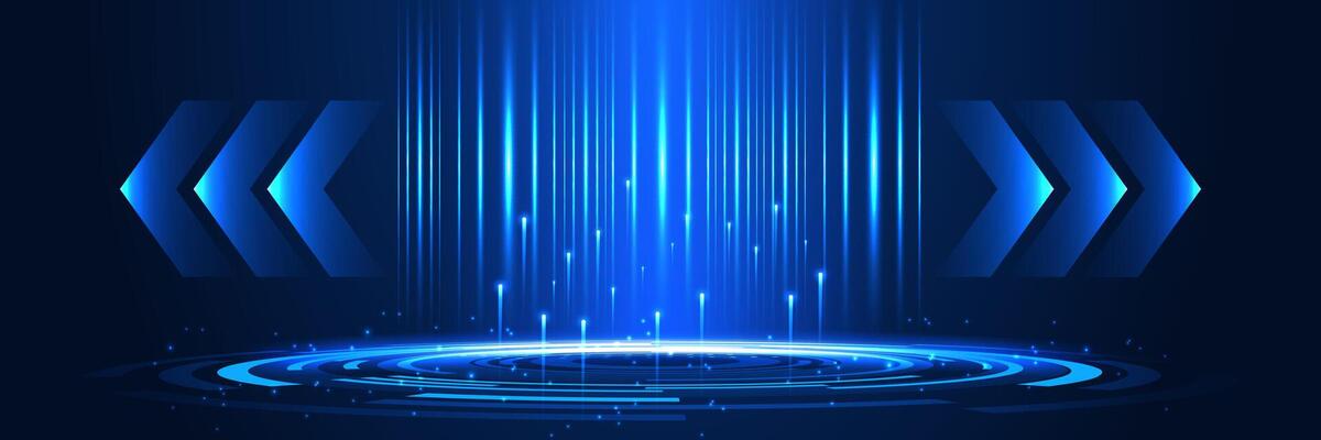 Dark blue futuristic technology background with left right arrows, glowing effect rings for banner, website, cover, presentation,